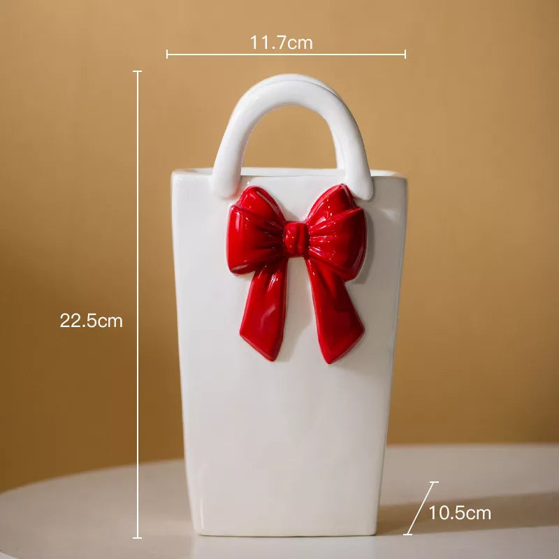 Pink Ceramic Vase with Bowknot for Flowers and Home Decor
