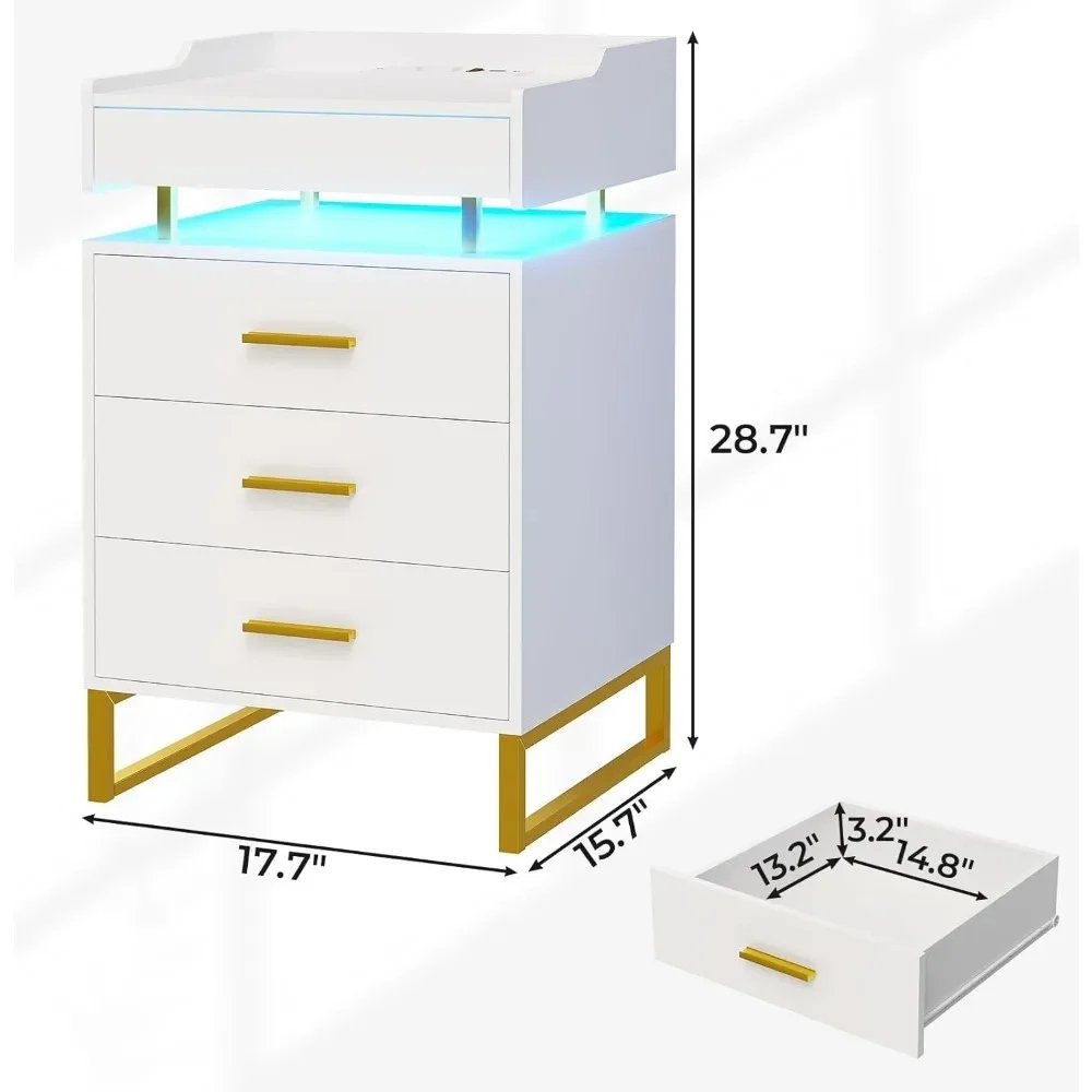 Set of 2 LED Premium Nightstands with 3 Drawers, Pull-Out Tray & Charging Station