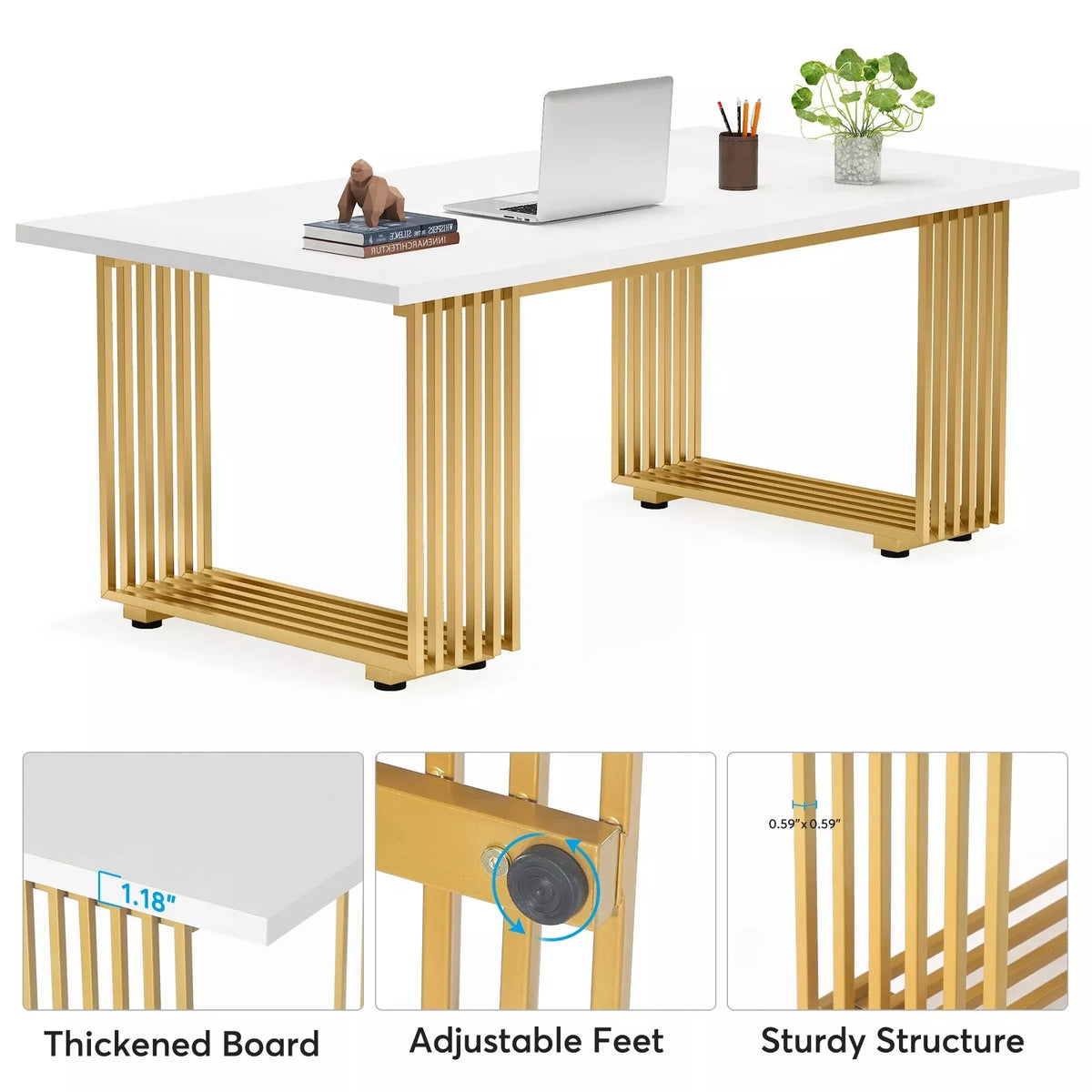 Modern White and Gold Office Desk with Metal Legs - DSARD