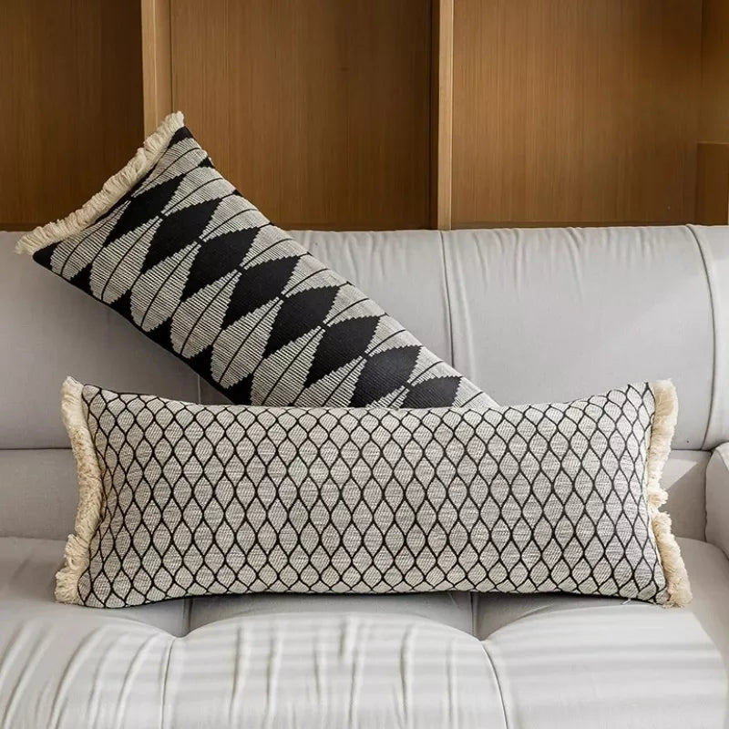 Black Geometric Jacquard Long Decorative Pillow Cover - DSARD