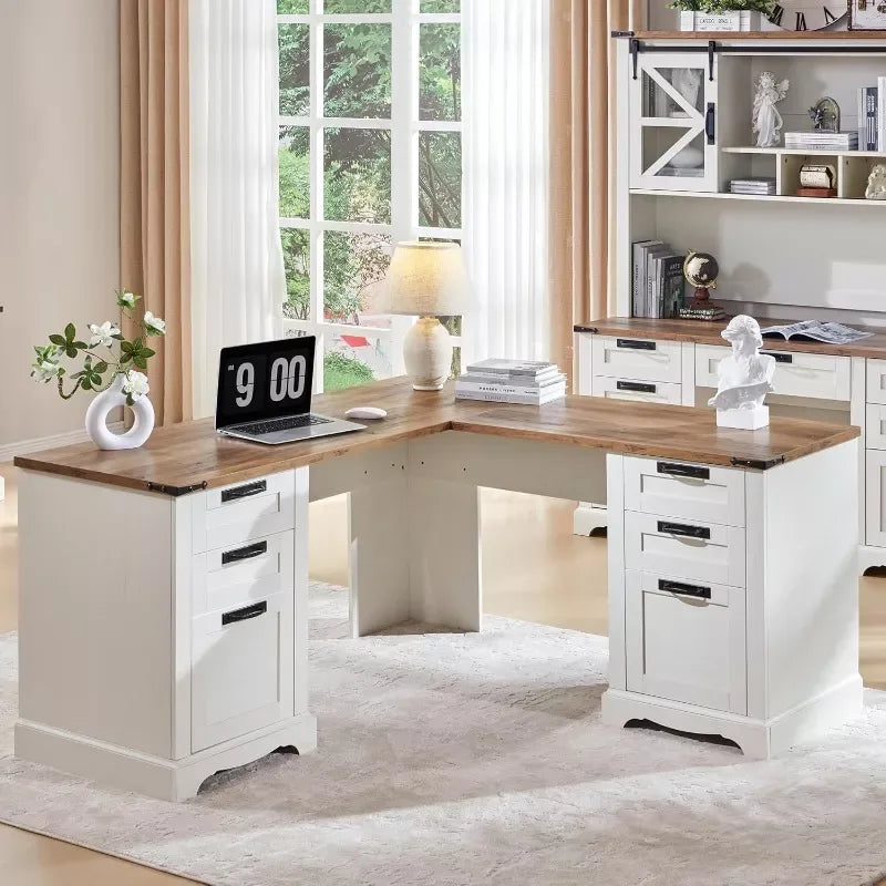60″ L-Shaped Farmhouse Executive Desk with Drawers and Charging Station - DSARD - DSARD