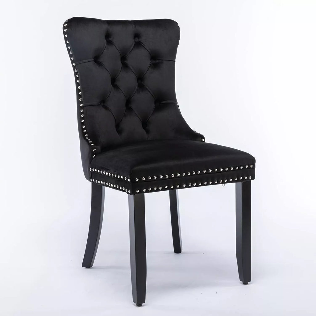 Set of 4 Black Velvet Upholstered Dining Chairs with Ring Pull and Wood Legs - DSARD