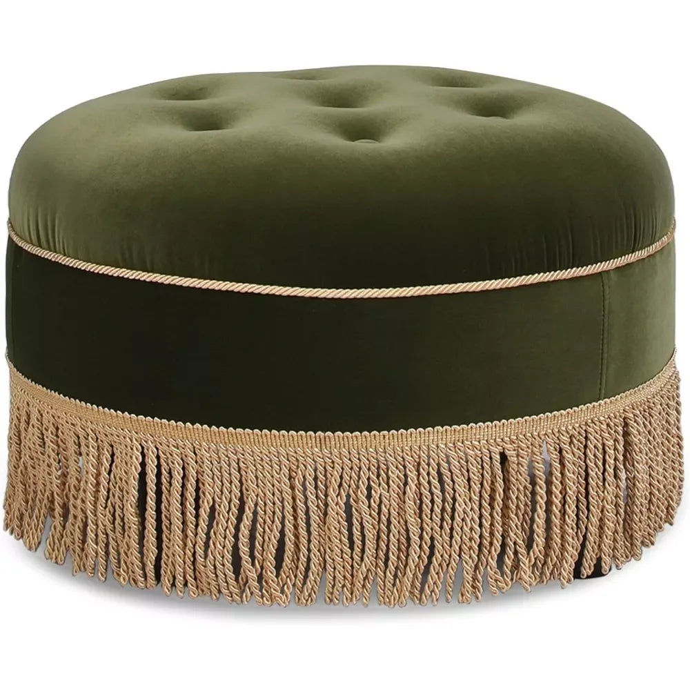 24″ Round Upholstered Accent Ottoman with Performance Velvet and Tassel Fringe - DSARD - DSARD