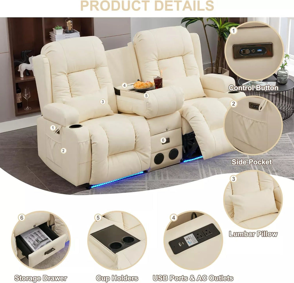Power Reclining Loveseat with Massage, Heat & LED – Home Theater Chaise Sofa - DSARD