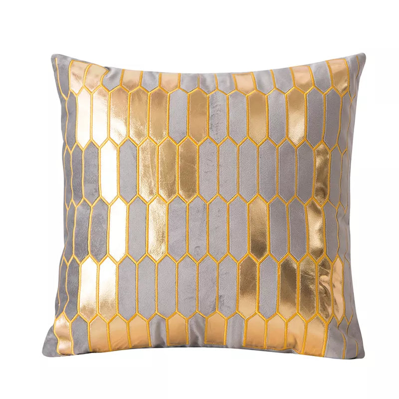 Gold Embroidered Velvet Geometric Cushion Cover 18x18in