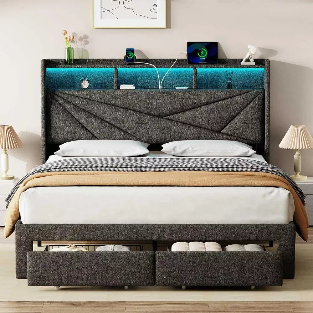 LED Upholstered Queen Bed Frame with Headboard, Storage Drawers & Charging Ports - DSARD