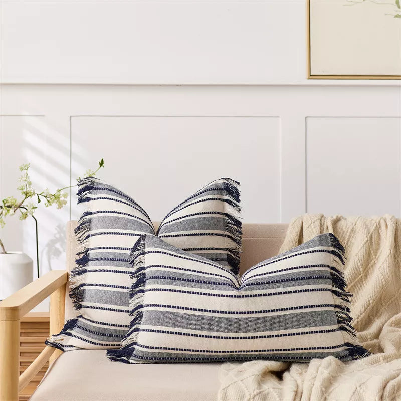 Striped Jacquard Tassel Pillow Cover – Cozy Cotton Blend Cushion for Home Décor
