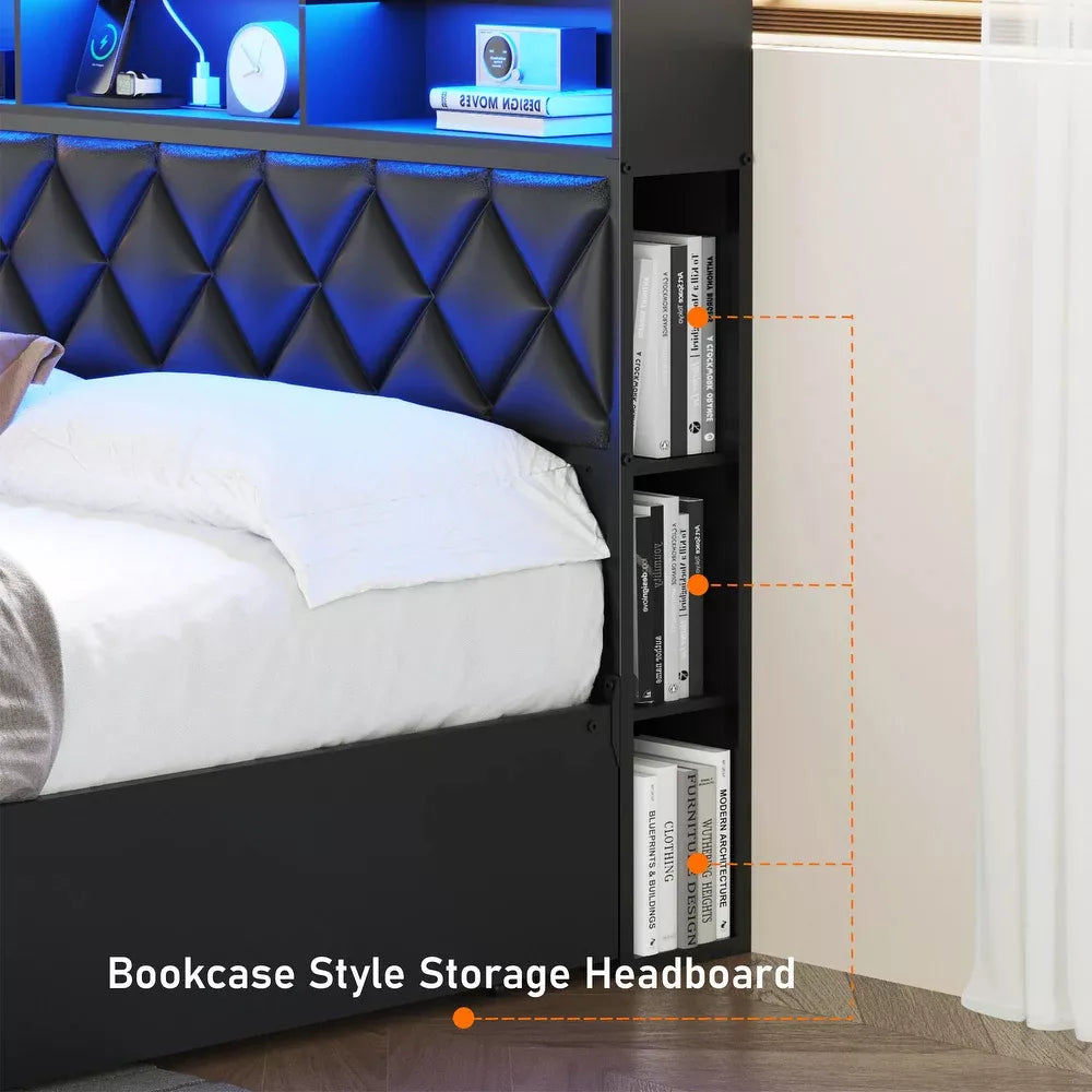 Queen Bed with 4 Drawers, RGB LED, Storage Headboard & Charging