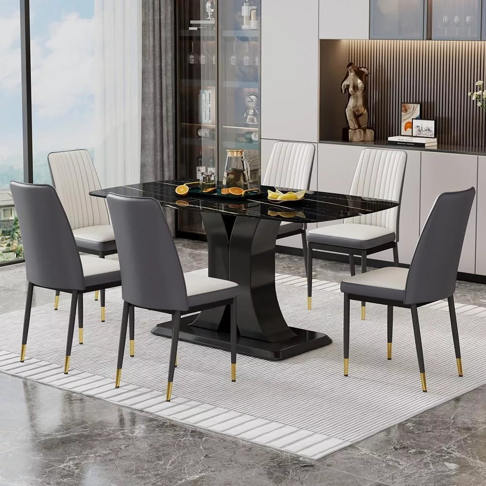 Modern Dining Table Set for 6 with Marble Top and Leather Chairs - DSARD