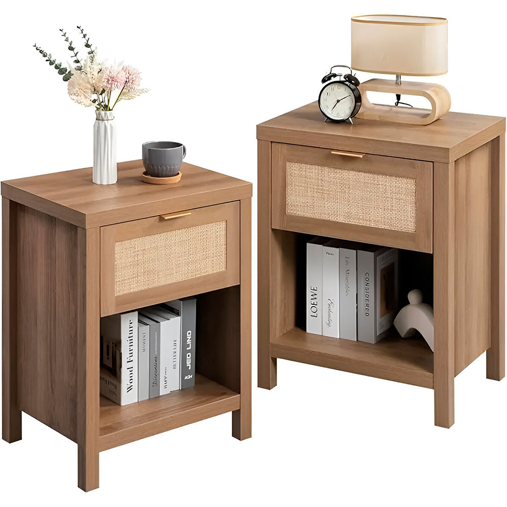 Rattan Premium Nightstands Set of 2 – Farmhouse Boho Bedside Tables with Drawer & Shelf