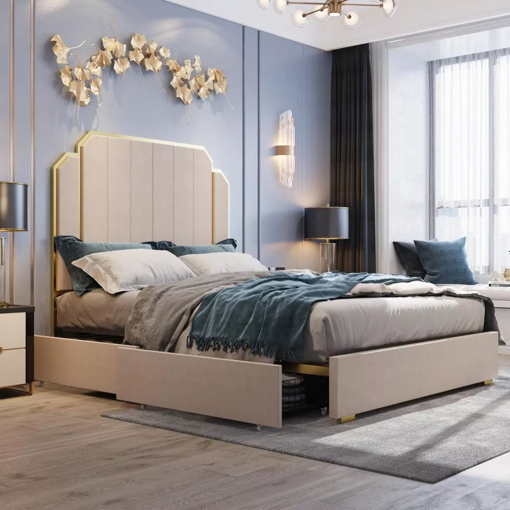 Queen Size Velvet Upholstered Bed Frame with Storage Drawers for Samsung Homes - DSARD