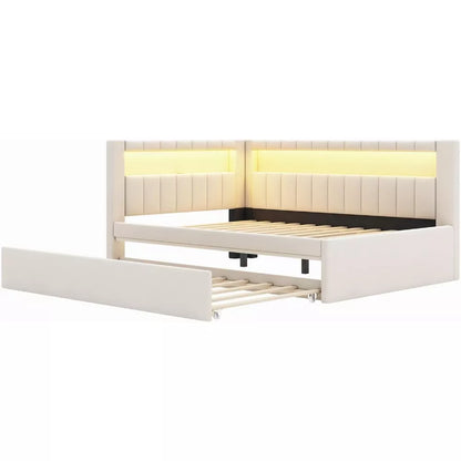 Full Size Soft Daybed with Trundle, Storage Shelves and LED Belt - DSARD
