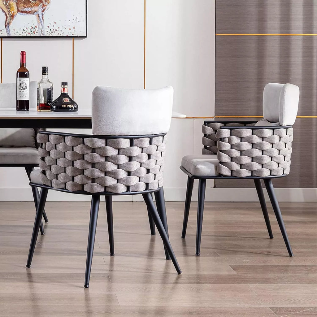 Mid-Century Velvet Woven Dining Chairs Set of 2 – Modern Upholstered Kitchen Seats - DSARD