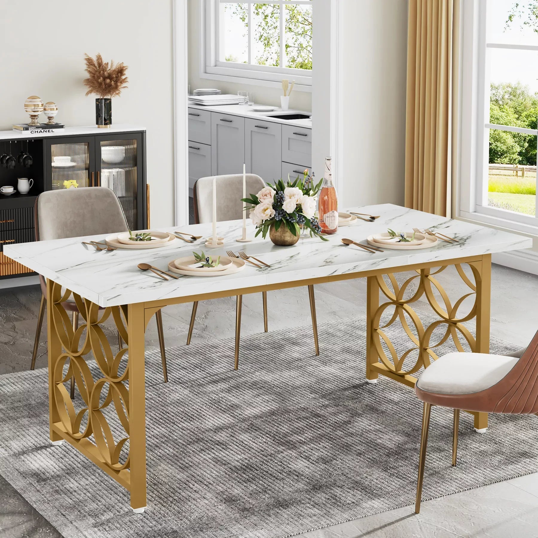 63-Inch Modern Marble Dining Table for 6, Rectangular Kitchen Table with Gold Frame - DSARD - DSARD