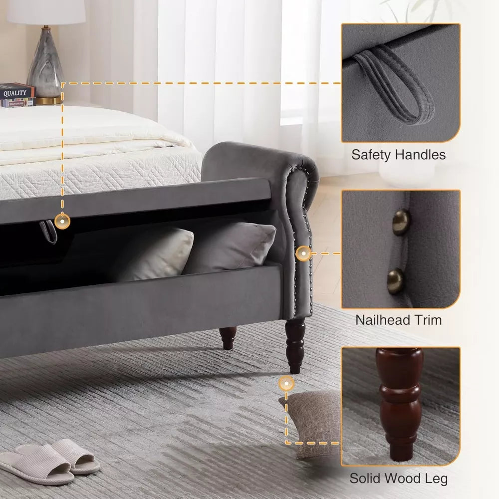King Size Velvet Storage Bench with Tufted Upholstery and Pillows – 67” End of Bed Ottoman - DSARD