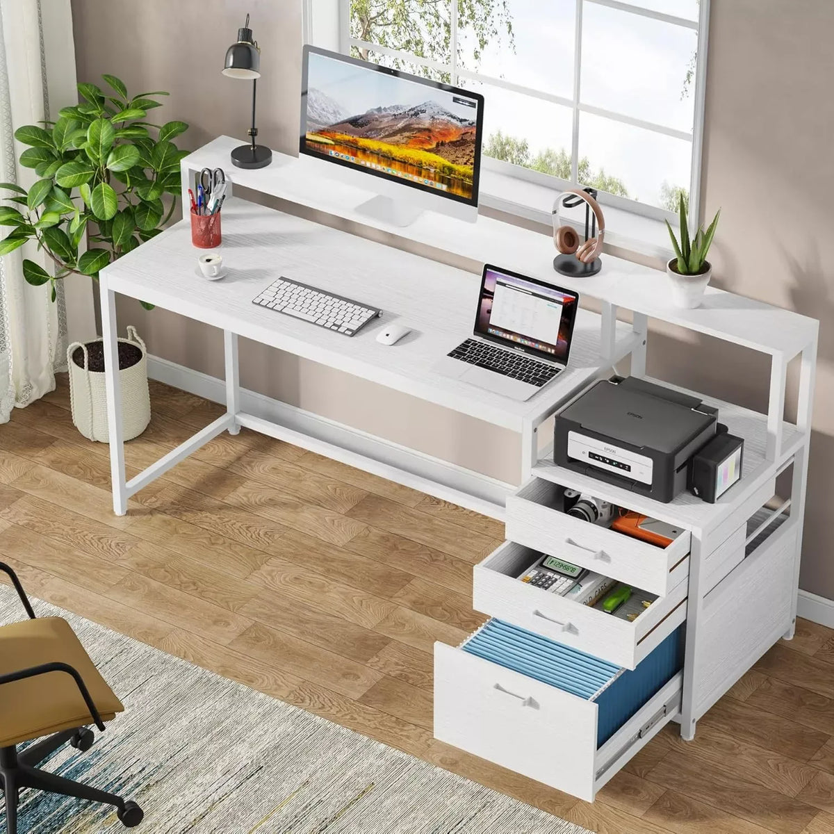 63-Inch Ergonomic Computer Desk with File Drawer and Monitor Stand - DSARD - DSARD