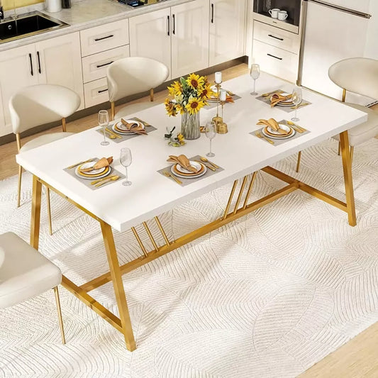 Modern Rectangular Dining Table with Faux Marble Top and Gold Metal Legs - DSARD