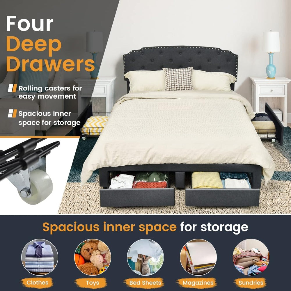 Full-Size Bed with Adjustable Headboard and Built-In Storage Drawers - DSARD