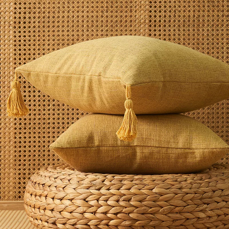 Set of 2 Rustic Linen Throw Pillow Covers with Tassels