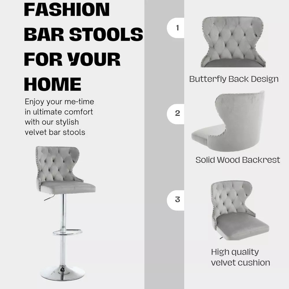 Set of 2 Adjustable Velvet Swivel Bar Stools with Nailhead Trim and Silver Footrest - DSARD