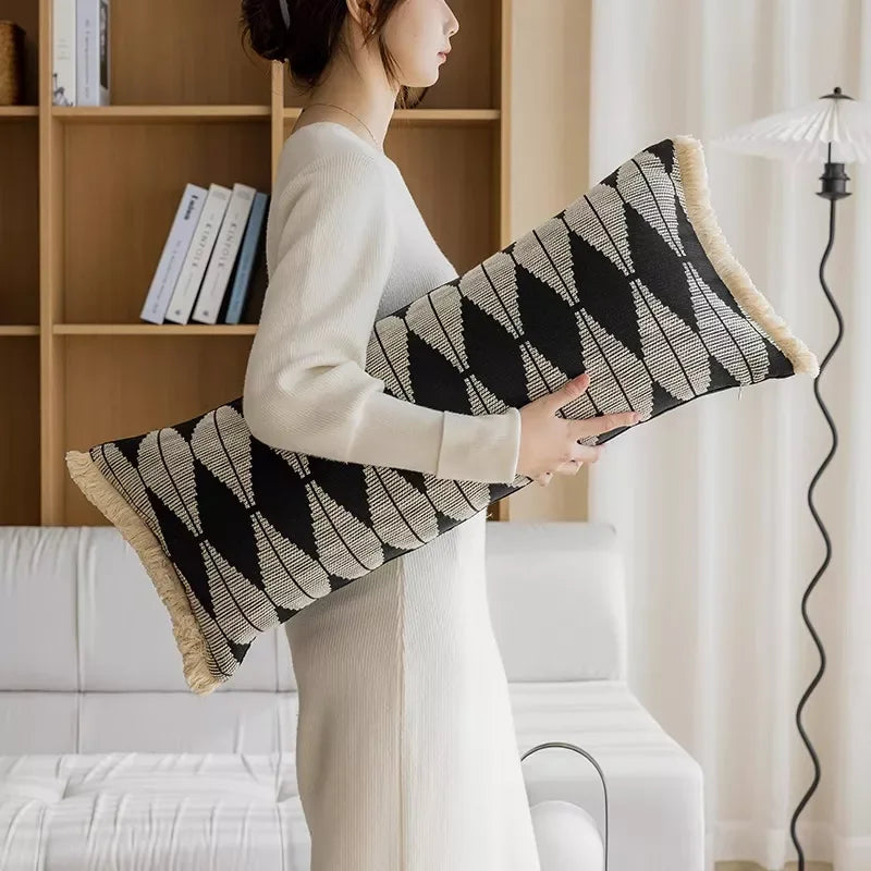 Black Geometric Jacquard Long Decorative Pillow Cover - DSARD