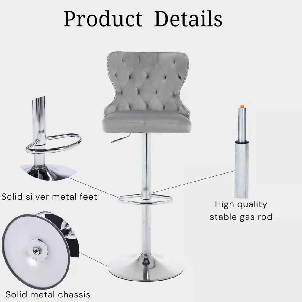 Set of 2 Adjustable Velvet Swivel Bar Stools with Nailhead Trim and Silver Footrest - DSARD