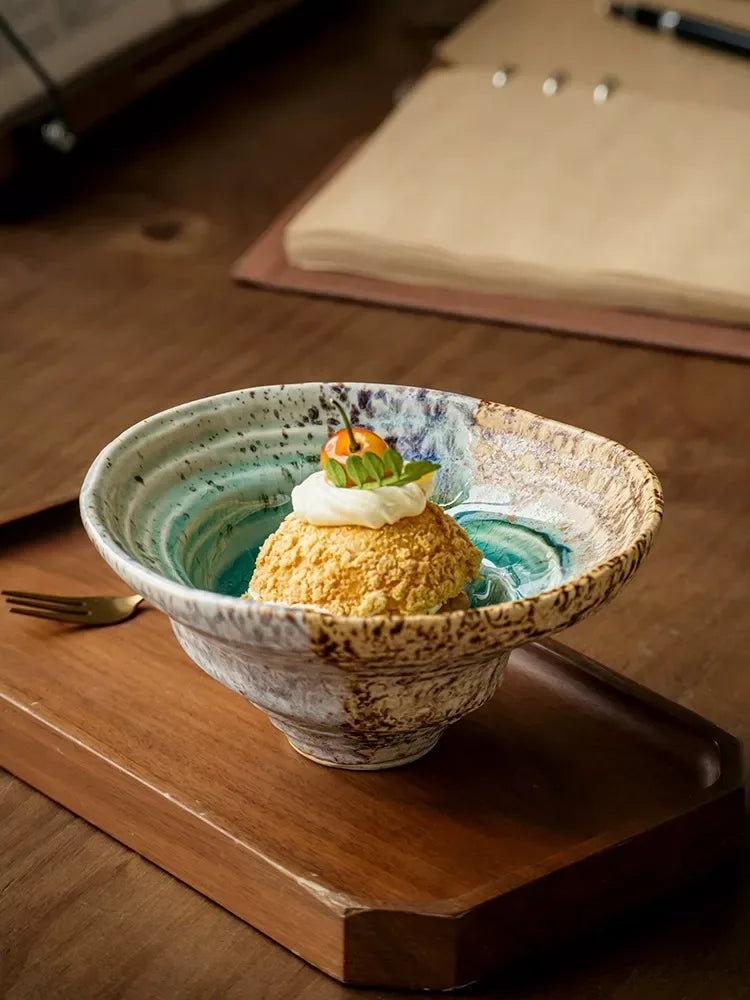 Color-Block Ice-Crack Glaze 5.5″ Irregular Ceramic Dessert Bowl - DSARD