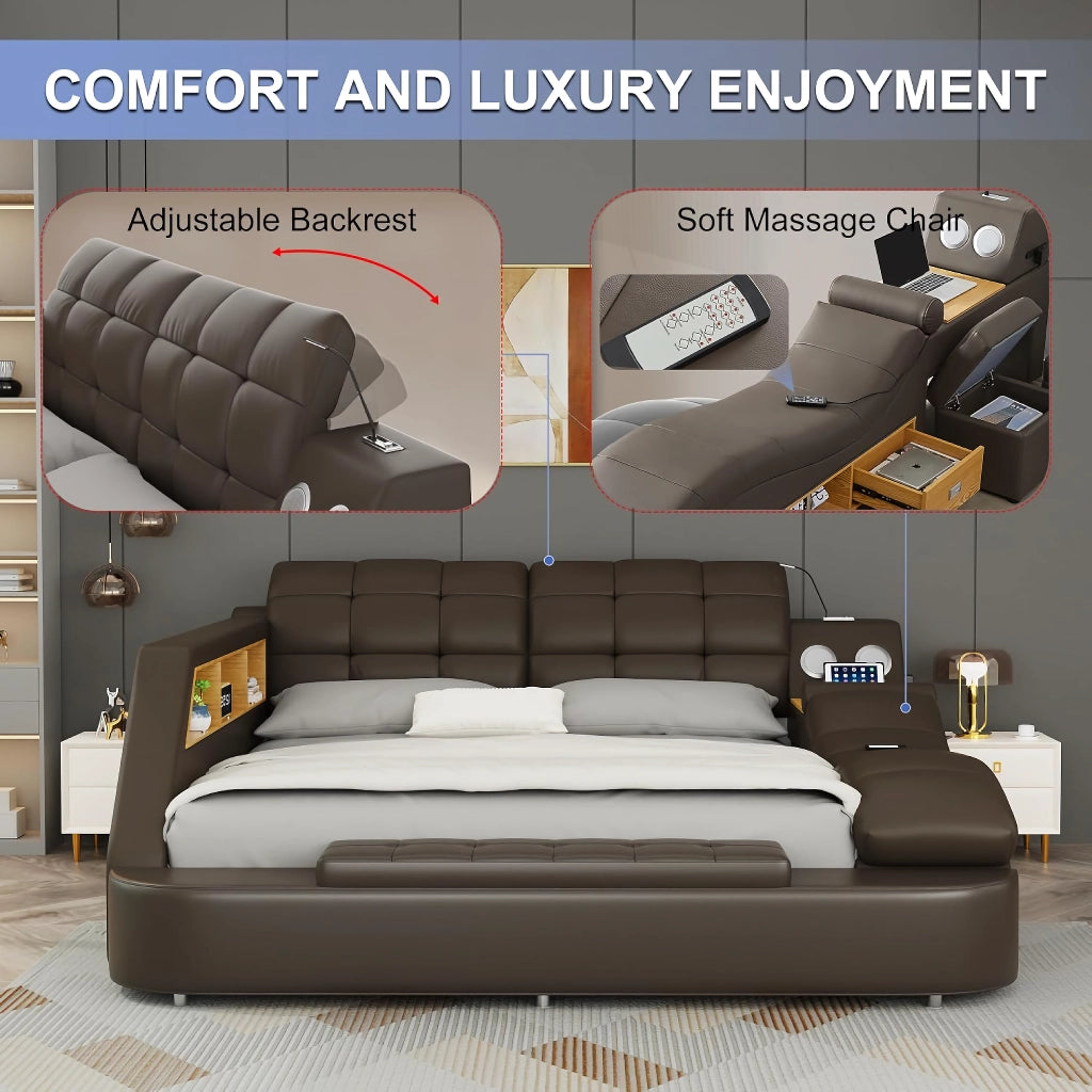 Luxury Smart King Bed with Massage Recliner, Bluetooth Speakers, Storage & USB Ports - DSARD