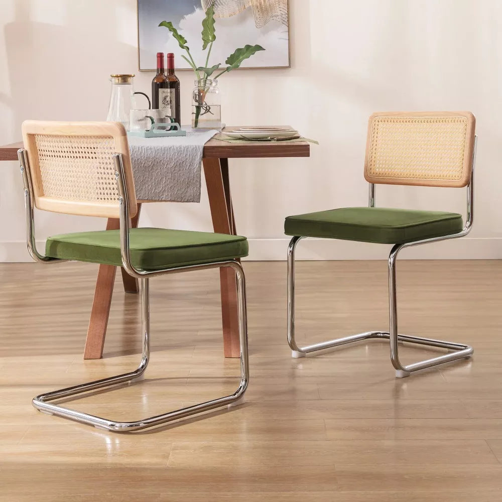 Modern Rattan & Velvet Dining Chairs Set of 2 – Cane Back with Chrome Legs - DSARD