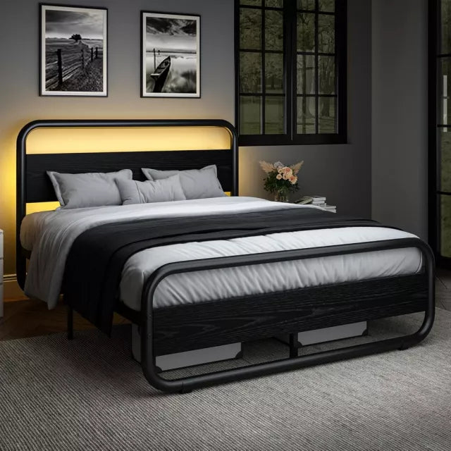 Full Size Metal Bed Frame with Wood Headboard, LED & Storage