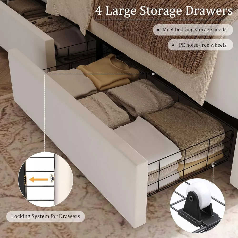 Queen LED Velvet Bed Frame with Storage Drawers and Heart-Shaped Headboard - DSARD