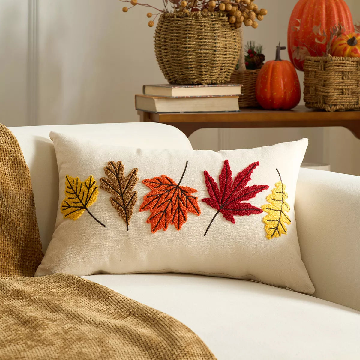 Autumn Pumpkin Embroidered Cushion Covers with Ruffles – Fall Decor