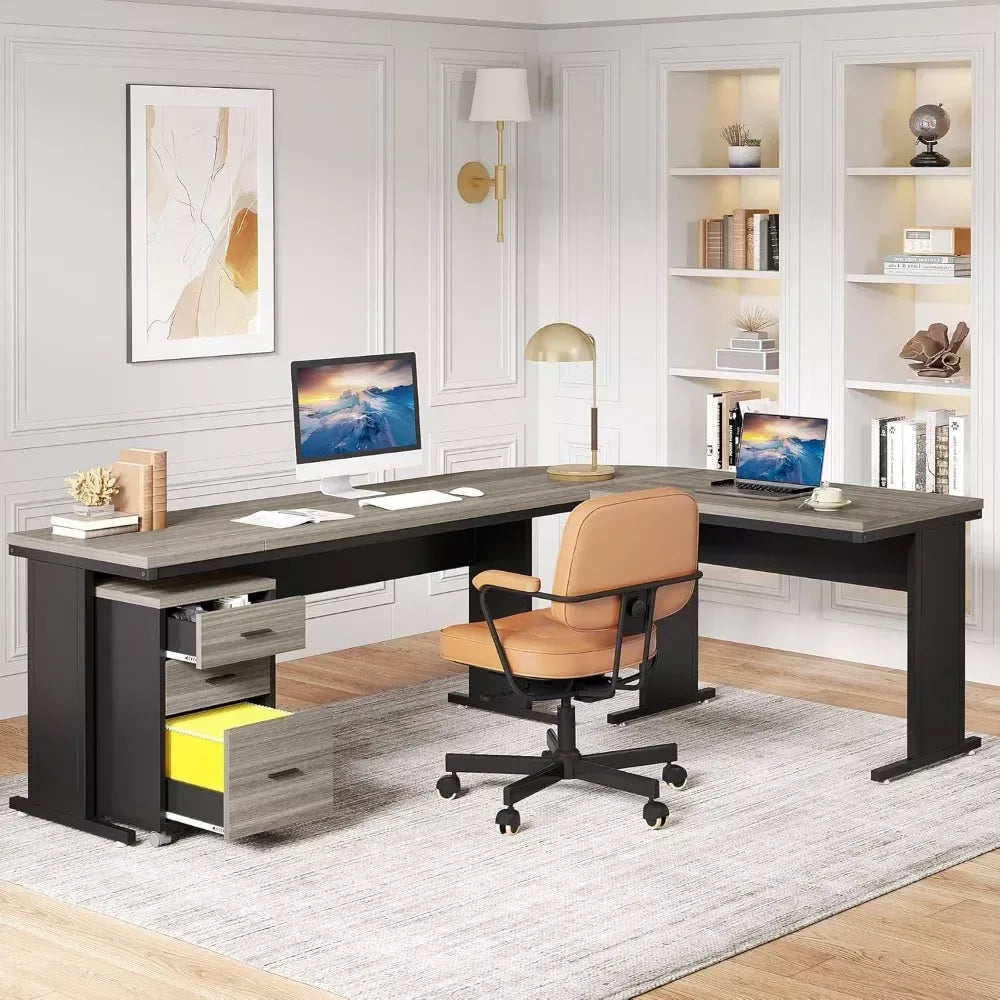 83-Inch L-Shaped Executive Office Desk with 3-Drawer File Cabinet - DSARD - DSARD