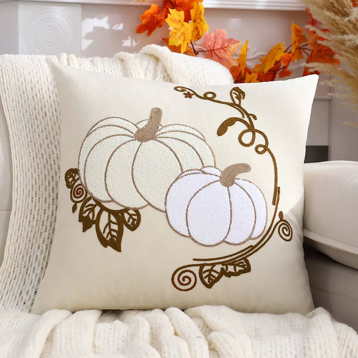 Embroidered Velvet Pumpkin Cushion Cover 18×18 Inch – Cozy Fall Décor