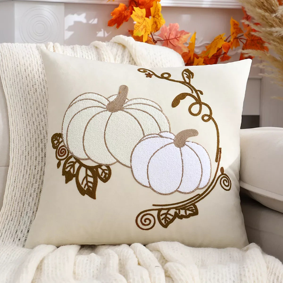 Embroidered Velvet Pumpkin Cushion Cover 18×18 Inch – Cozy Fall Décor - DSARD