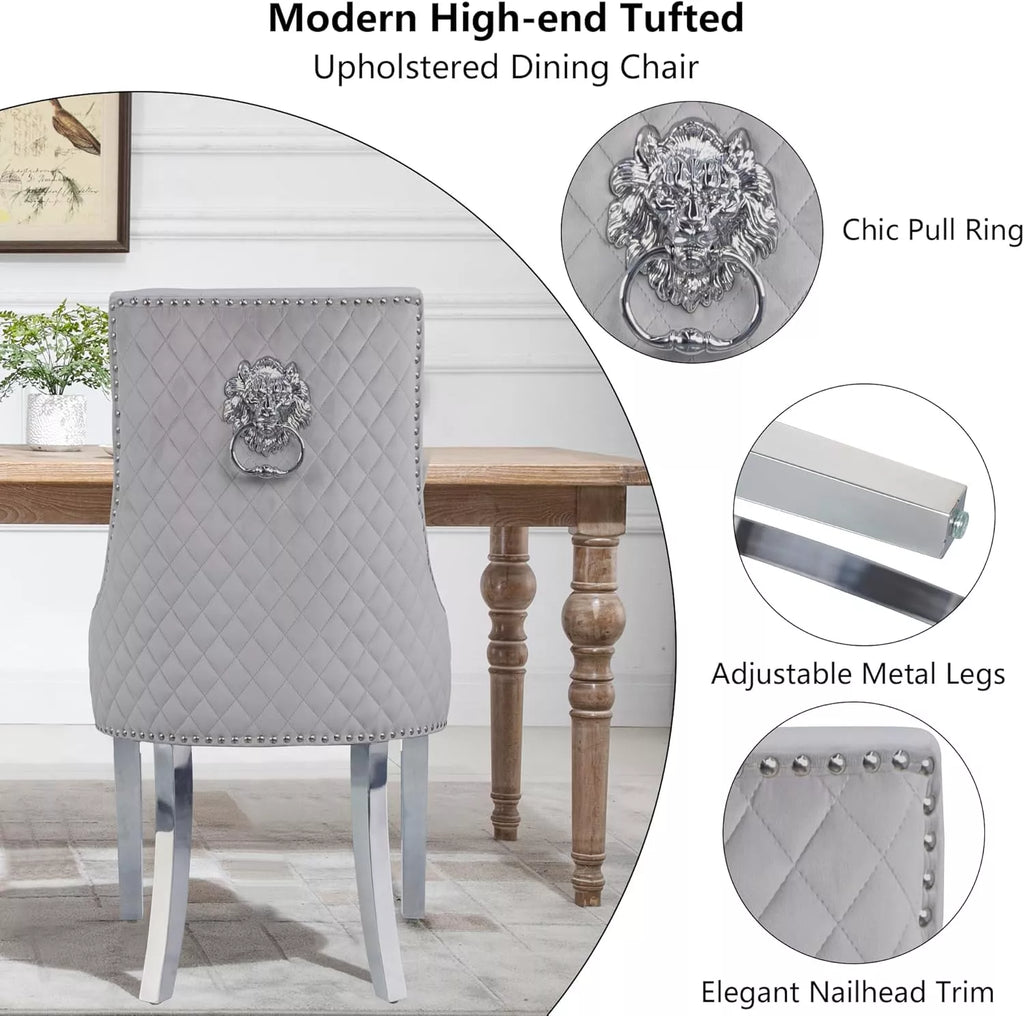 Velvet Wingback Dining Chairs Set of 2 – Tufted with Chrome Legs & Pull Ring - DSARD