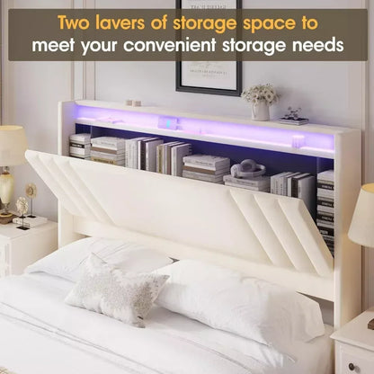 Queen Bed Frame with Storage Headboard, LED Lights & Charging Station - DSARD