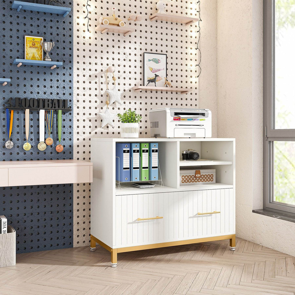 Modern White Lateral File Cabinet with Drawer and Adjustable Storage