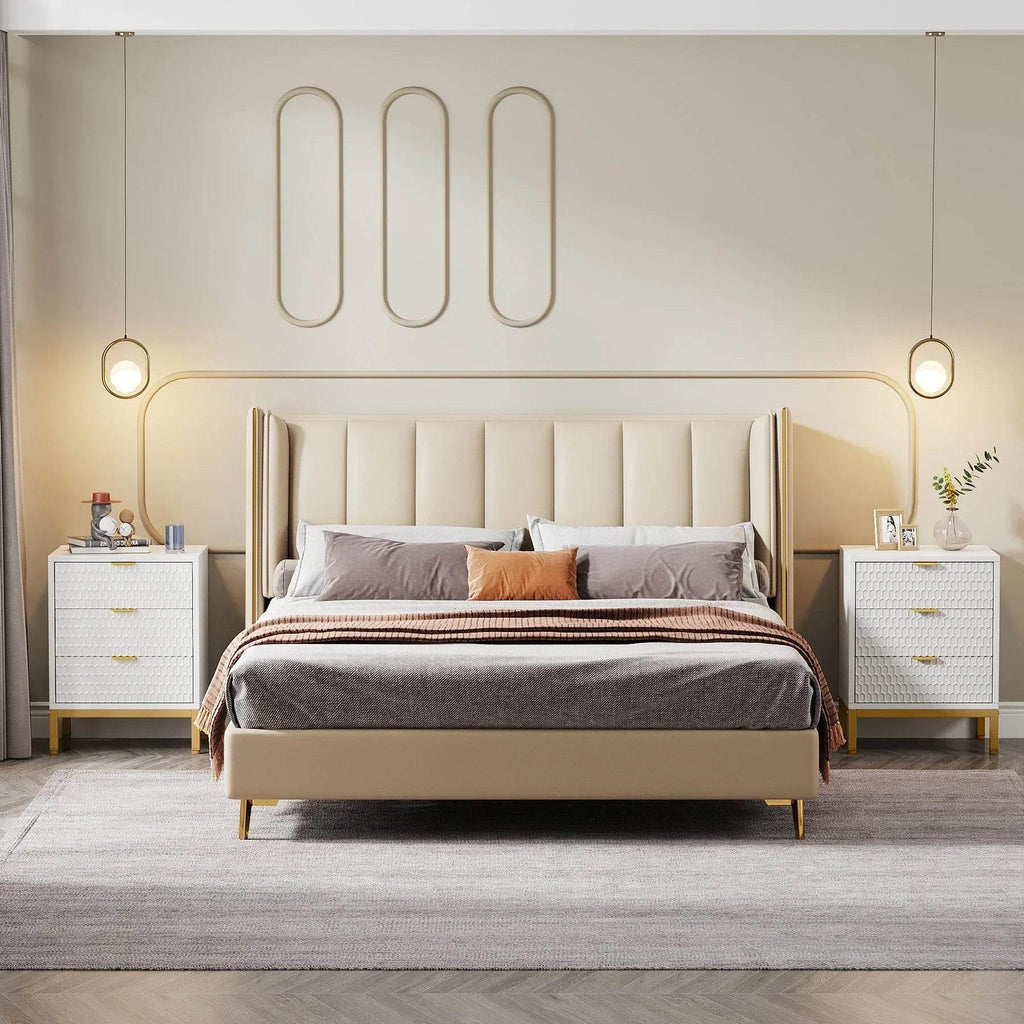 2-Pack Modern White & Gold Premium Nightstands with 3 Drawers – Contemporary Tall Bedside Tables