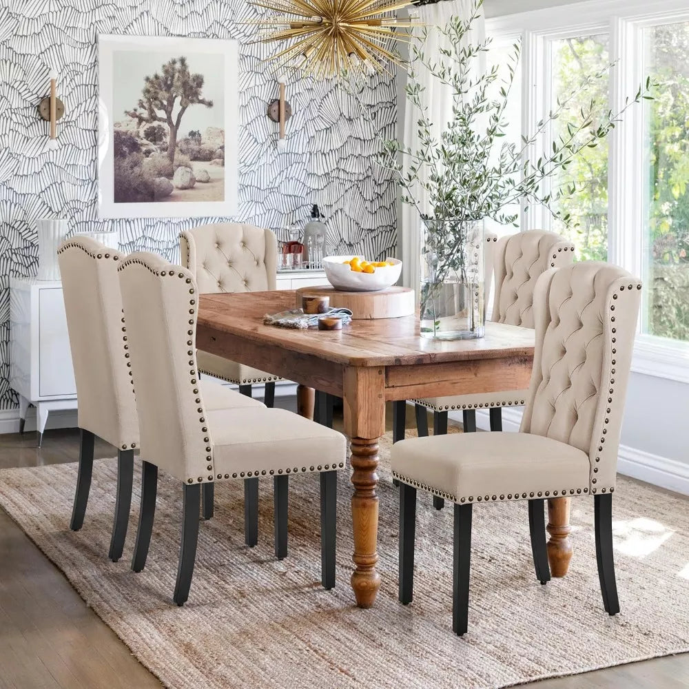 Upholstered Tufted Dining Chairs with Nailhead Trim and Solid Wood Legs, Set of 2 - DSARD