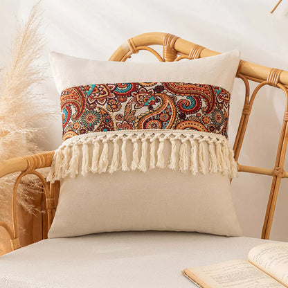 Boho Tassel Throw Pillow Cover 18×18 Inch – Retro Decorative Cushion Case