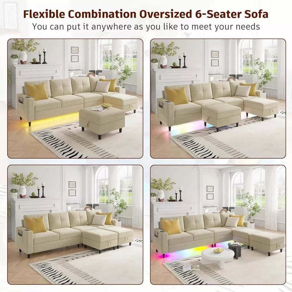 Oversized U-Shaped Sectional Couch with RGB LED Lights & Charging Station - DSARD