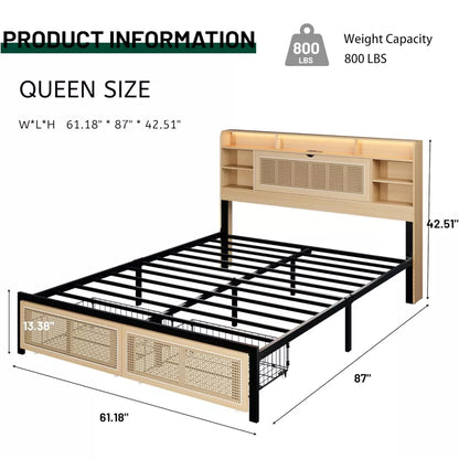 Queen Bed Frame with Storage Headboard, Faux Rattan, LED Lights & Charging Station - DSARD
