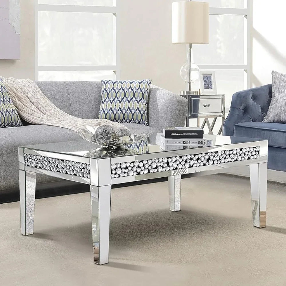 Rectangular Mirror Coffee Table with Crystal Inlay – Luxury Glam