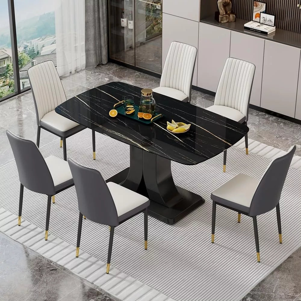 Modern Dining Table Set for 6 with Marble Top and Leather Chairs - DSARD