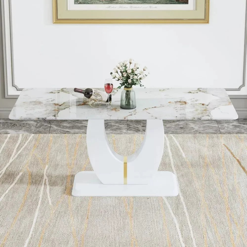 Modern Marble Dining Table with Wooden Pedestal Base - DSARD