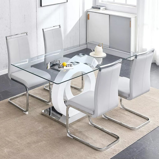 Modern Glass Dining Table Set with 4 PU Leather Ergonomic Chairs, 63 Inch - DSARD