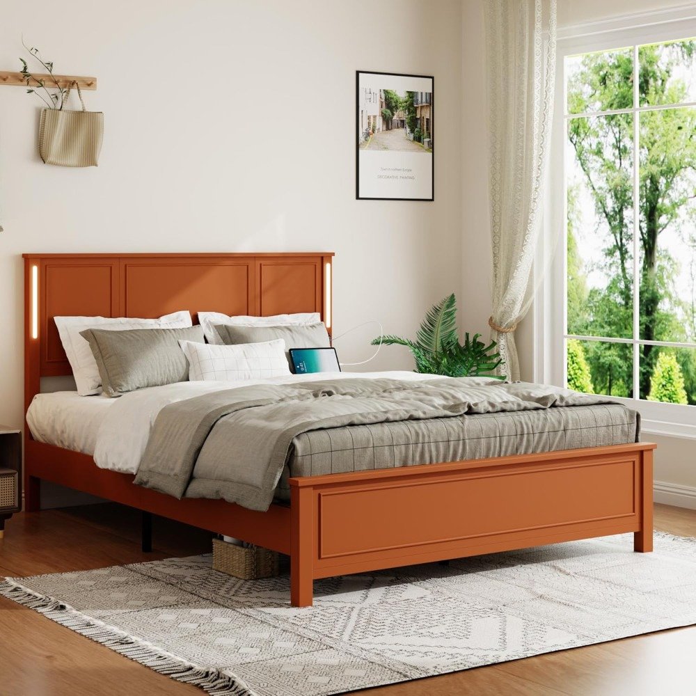 Queen Rustic Wooden Bed Frame with Headboard, LED & Charging Station