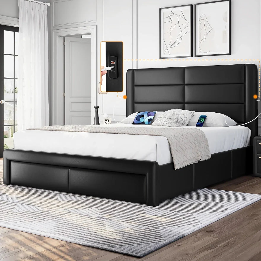 Black upholstered bed in a modern bedroom setting with white bedding and decorative pillows.