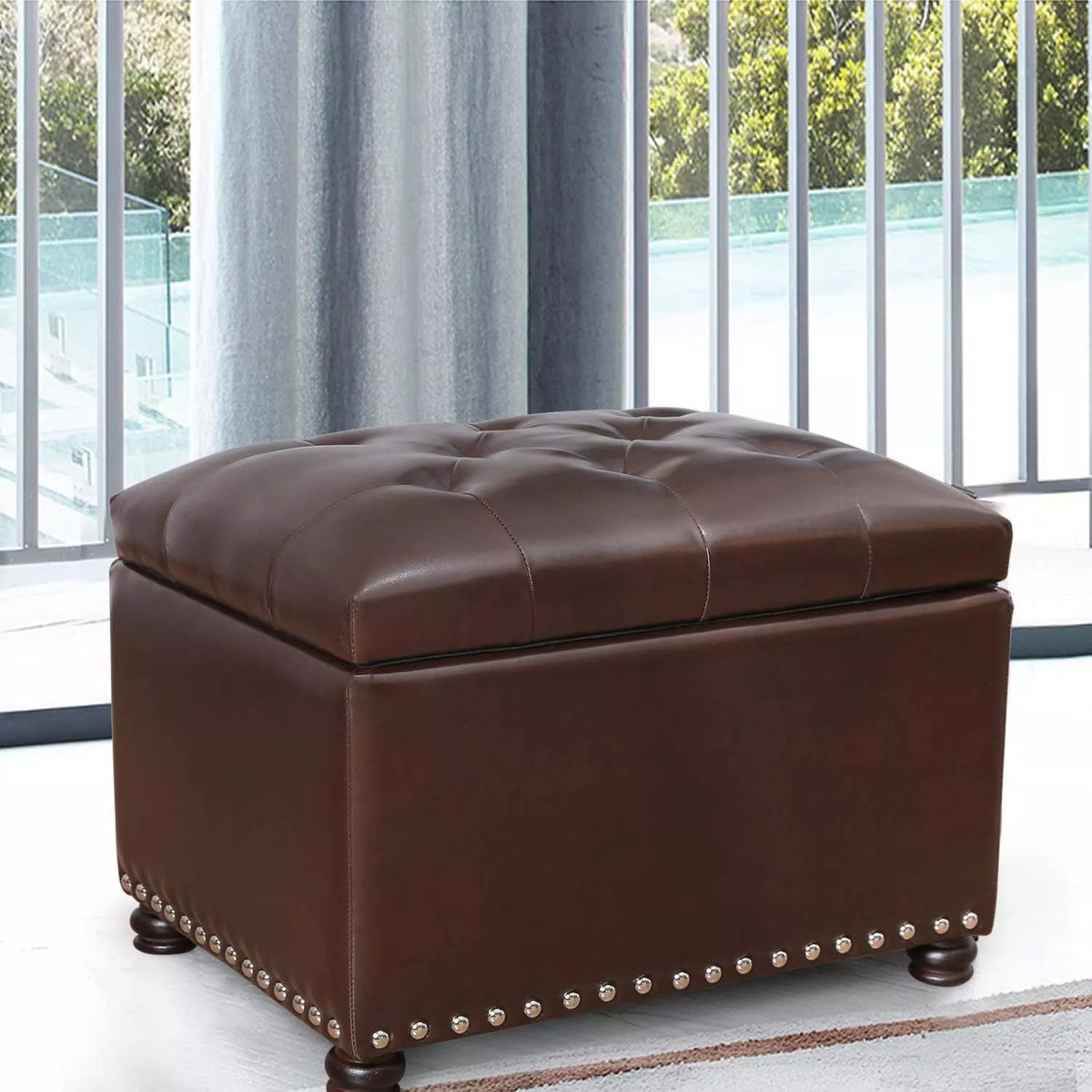 Leather Storage Ottoman Foot Rest with Nailhead Trim – Rectangular Bench Stool - DSARD